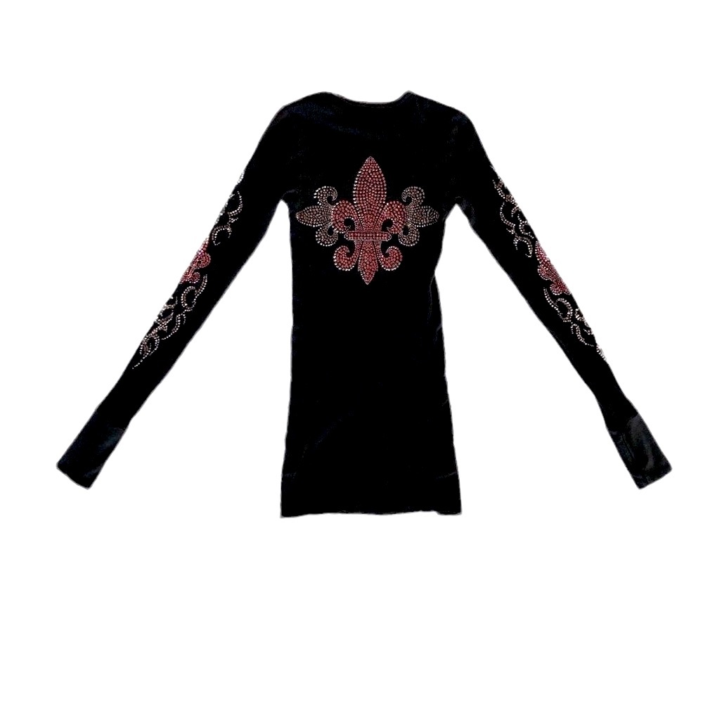 Vintage Bejeweled Black Long sleeve Tunic Pink Swarovski Fleur Di Lis & Flames